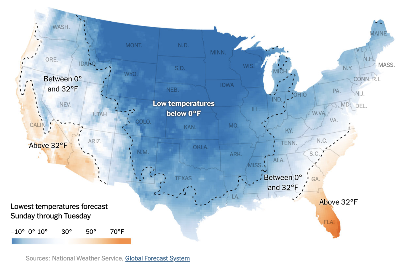 Low temperatures map of the United States | FlowingData