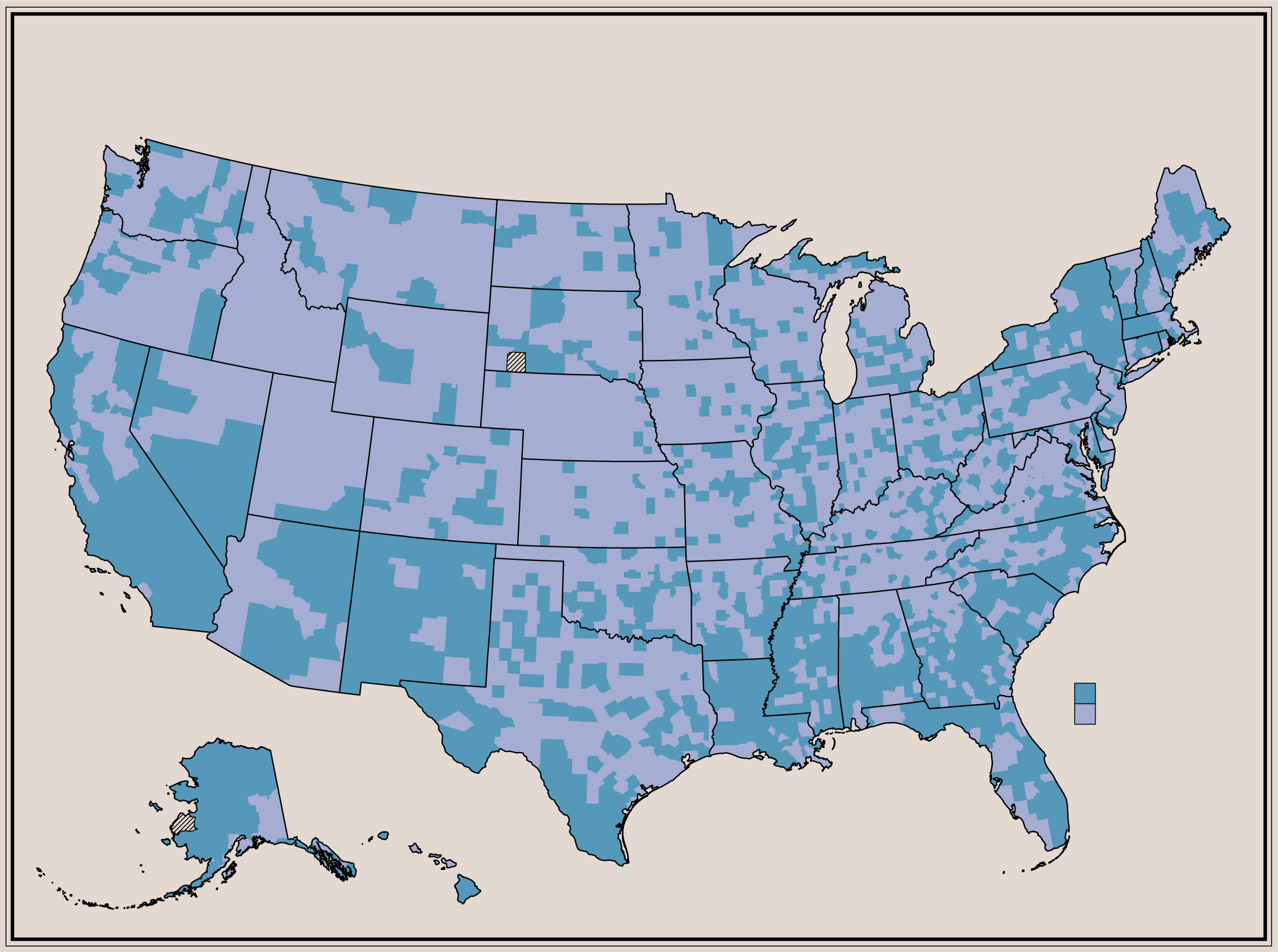 Choropleth map that indicates where people in the United States are married or not married with a high prevalence of marriage in the center of the US.