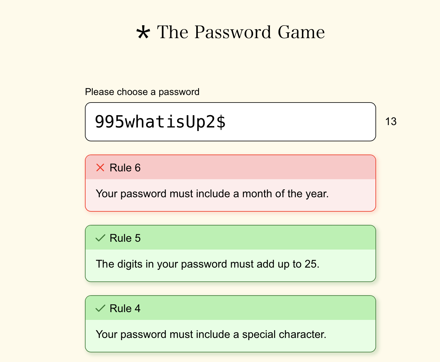 Password game requires more ridiculous rules as you play | FlowingData