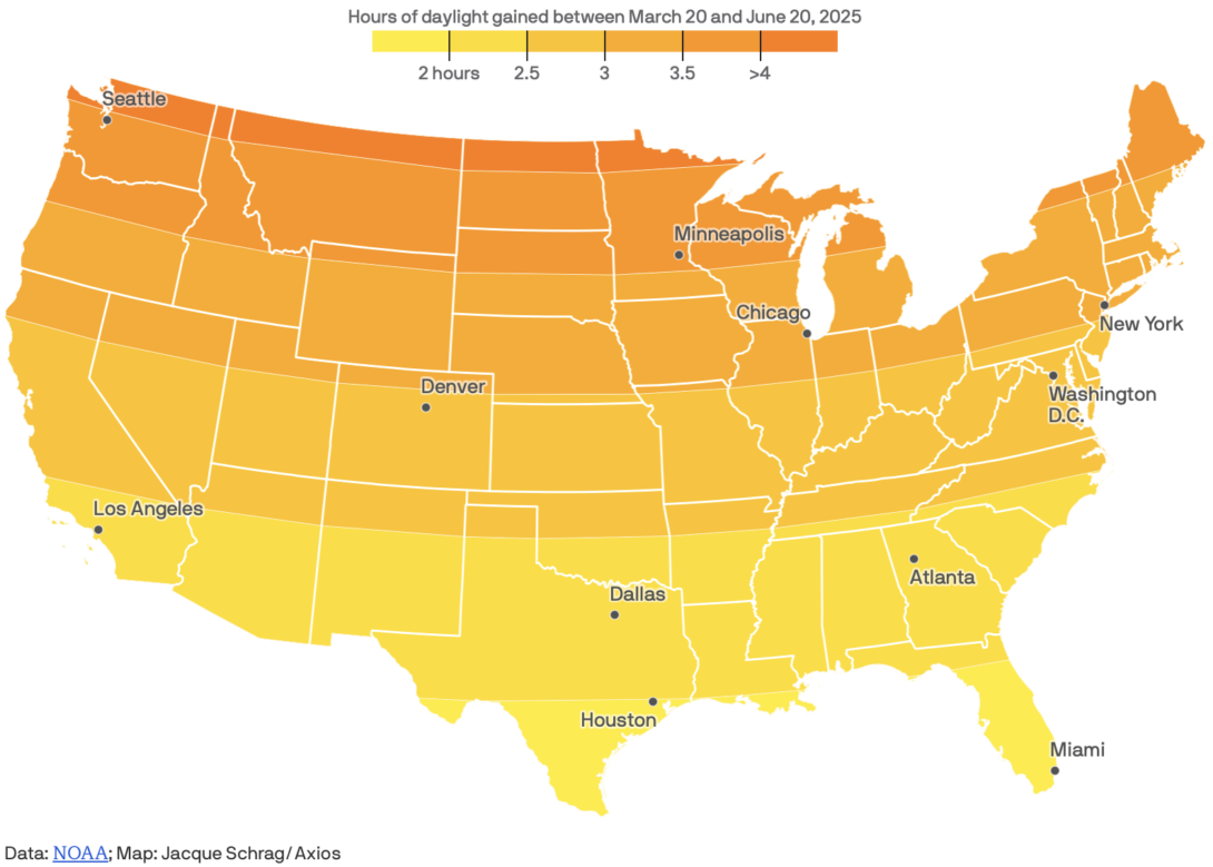 Spring March 24 Map of daylight gained in spring – FlowingData