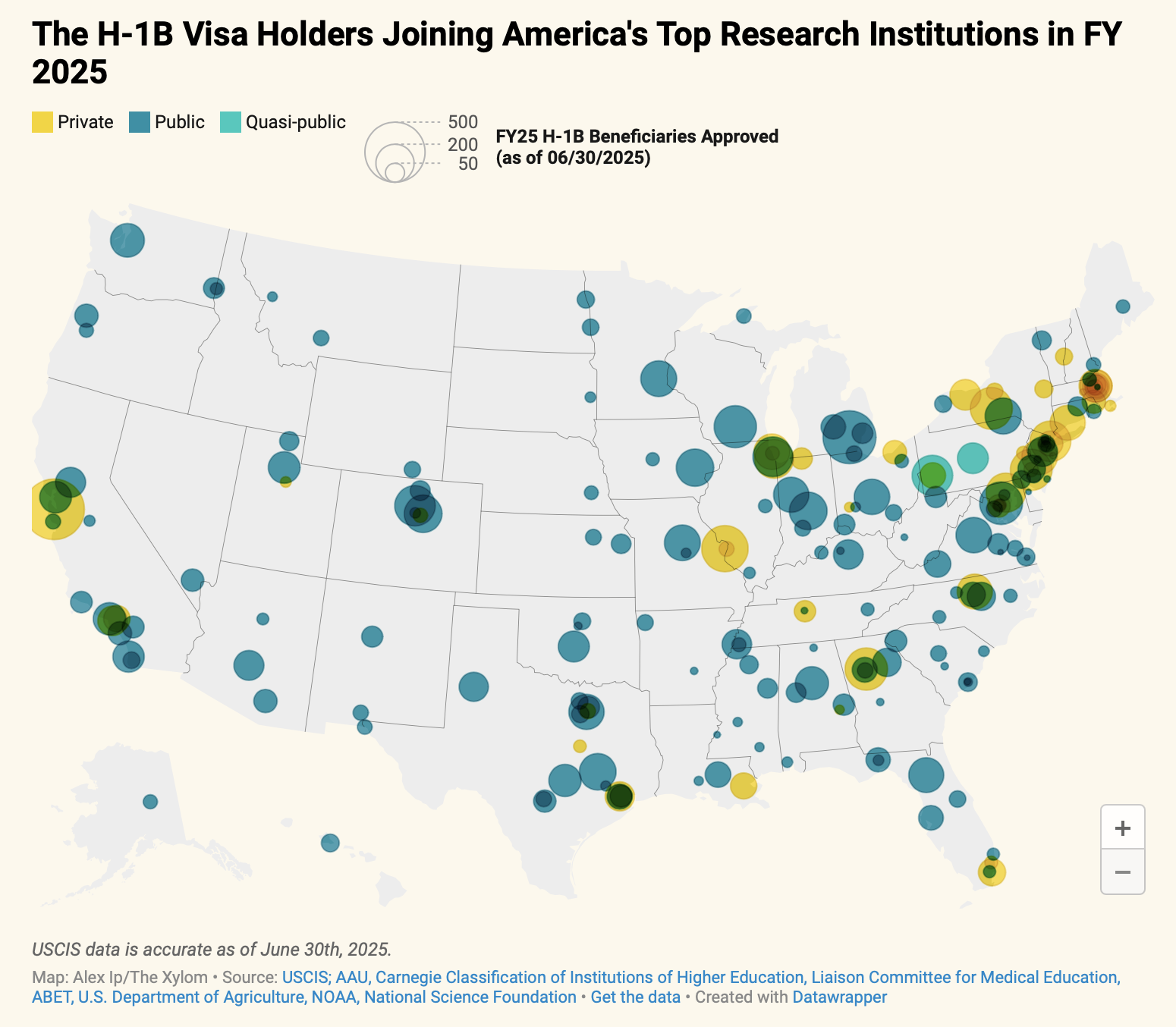 Map of H-1B visa holders at research institutions